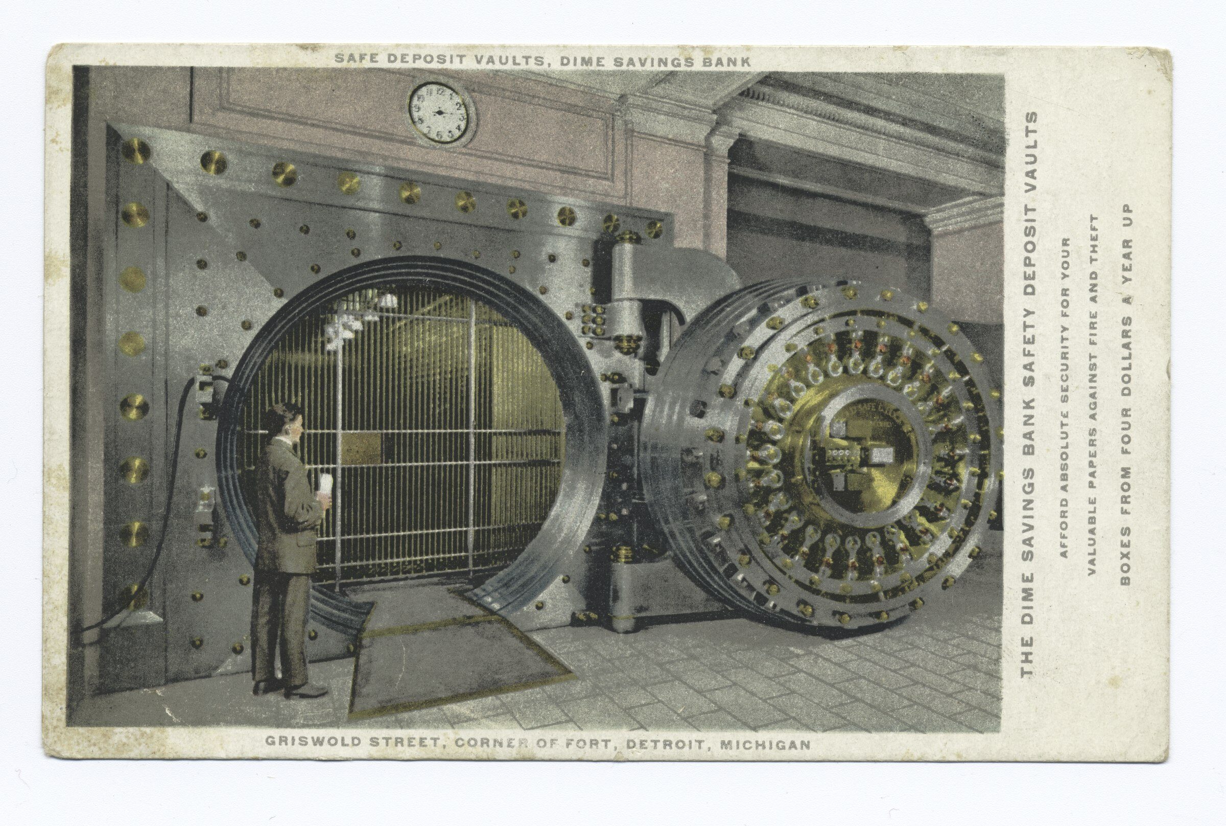 Bank vault with safety deposit boxes.